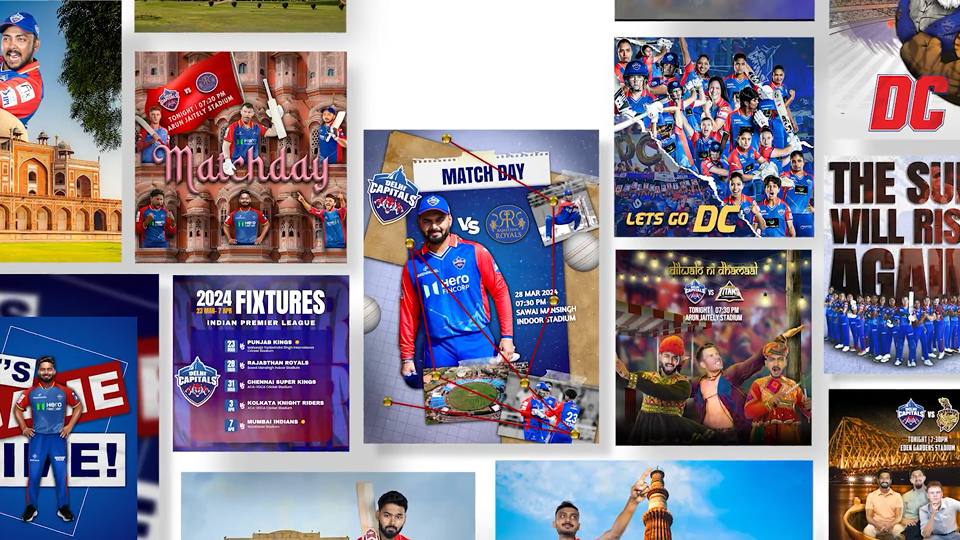 A dense collage of cricket match-day posters and social creatives